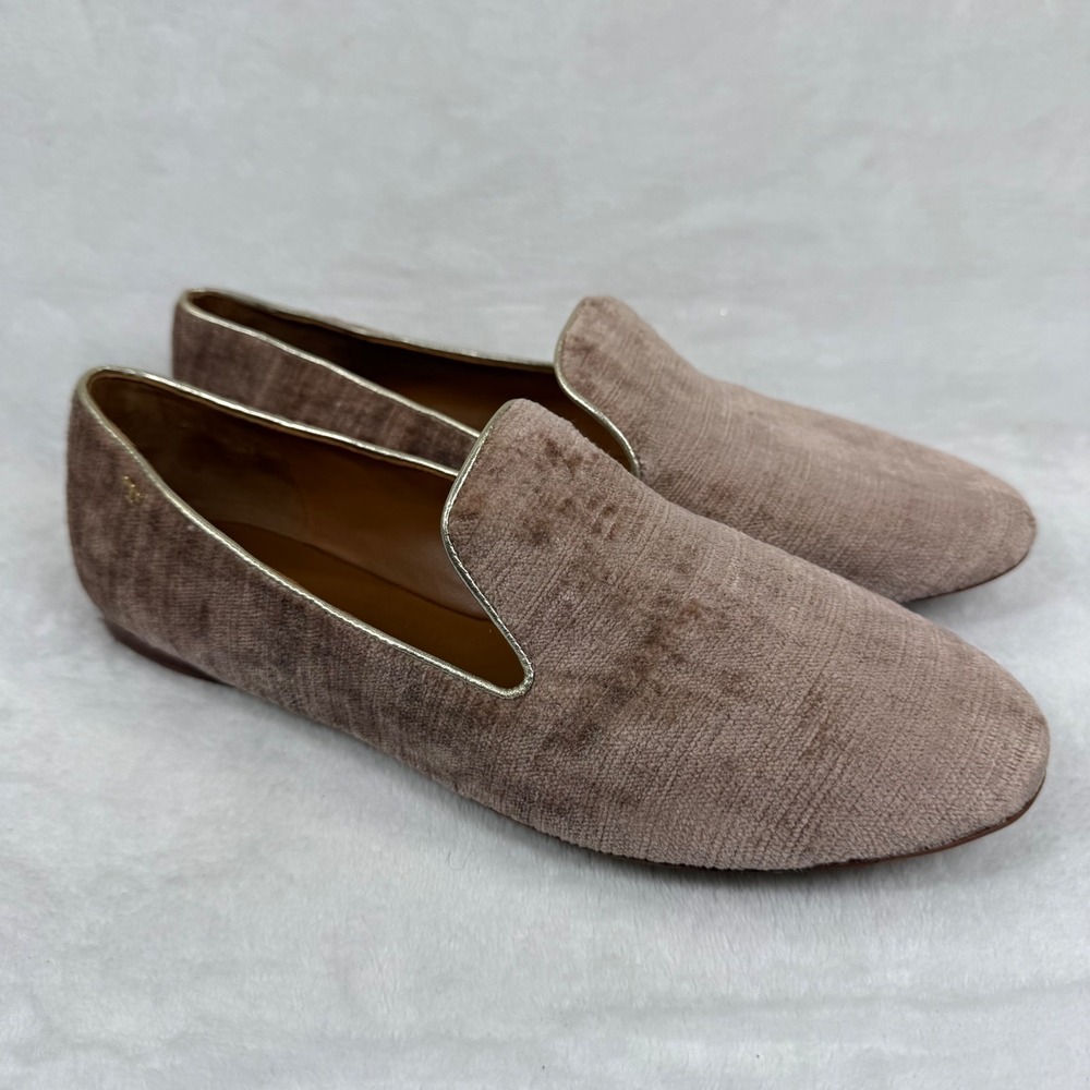 Tory Burch Dusty Rose Velvet Ribbed Smoking Slipper Loafers Gold Trim Flats 9.5‎